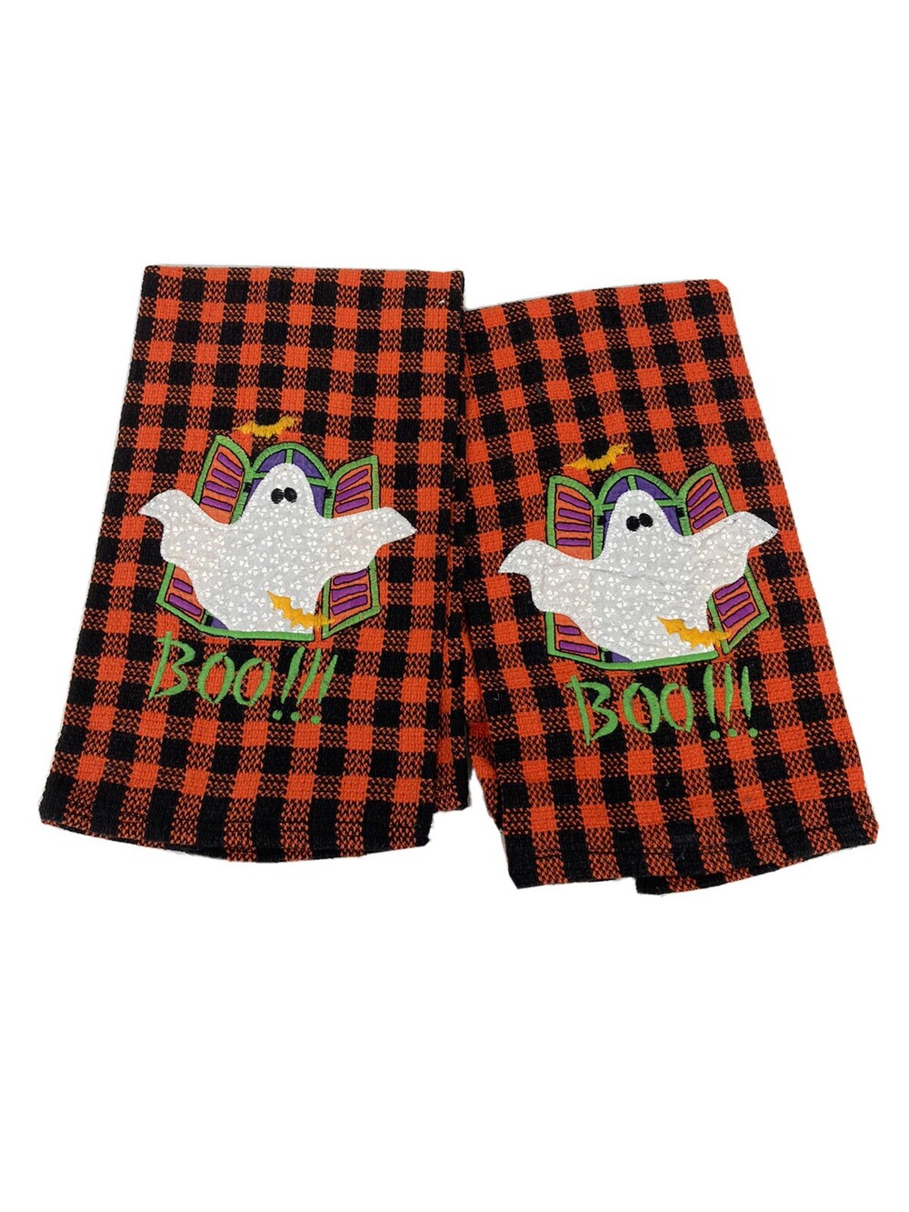 VTG Set Pair 22.5" Kitchen Hand Dish Towels Halloween Black Orange Plaid Ghost